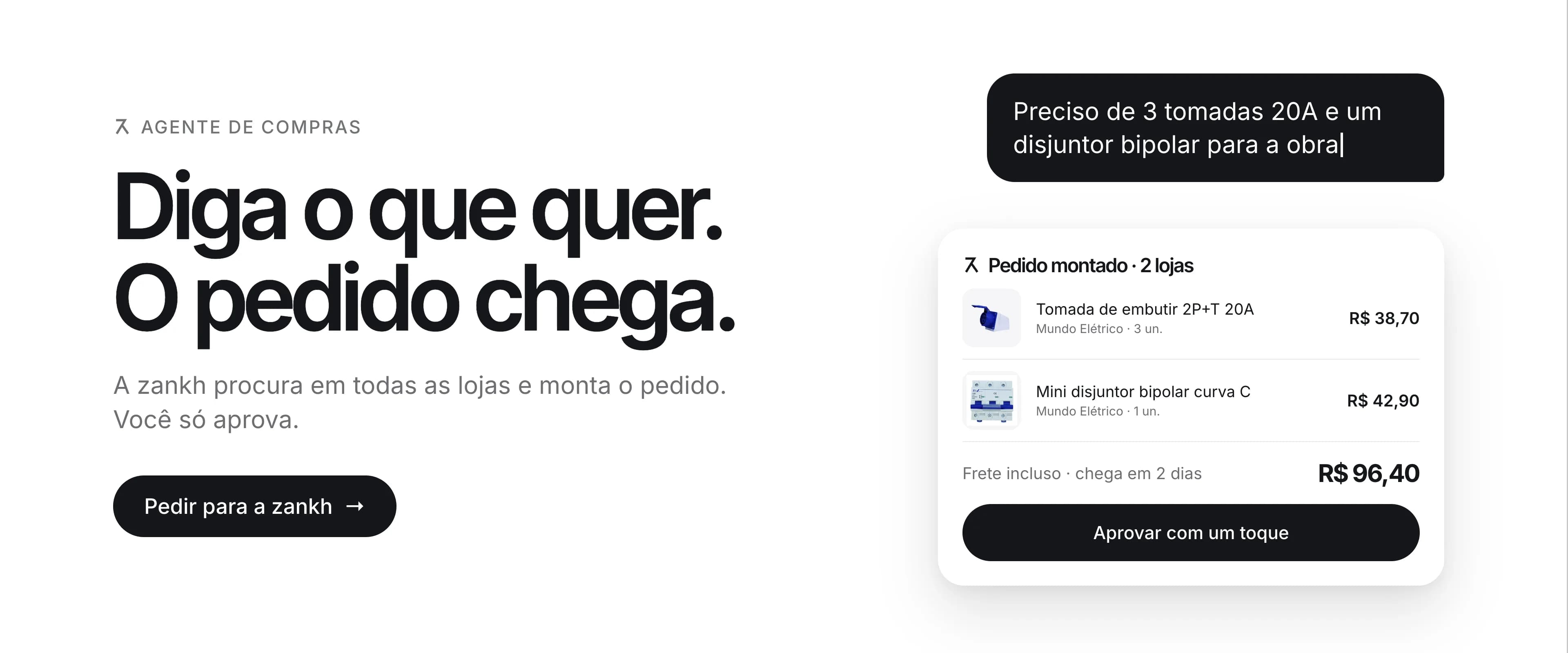 Diga o que quer. O pedido chega. A zankh procura em todas as lojas e monta o pedido.