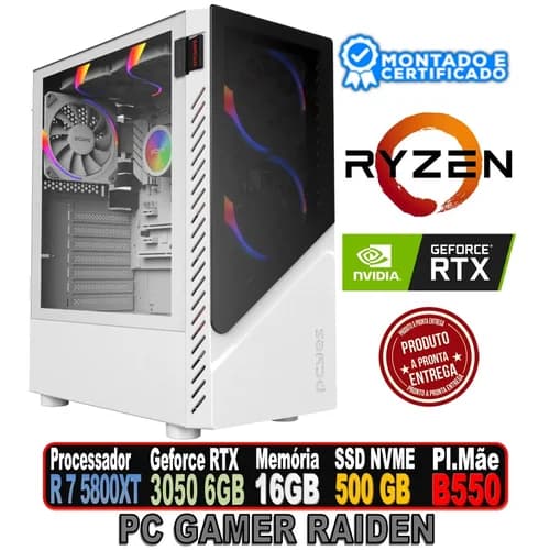 PC GAMER RAIDEN AMD RYZEN 7 5800X, RTX 3050 6GB WHITE, B550 BRANCA, 16GB DDR4, SSD 500GB, 500W, HALO2 212 , SET WHITE RGB, LORX 120MM RGB