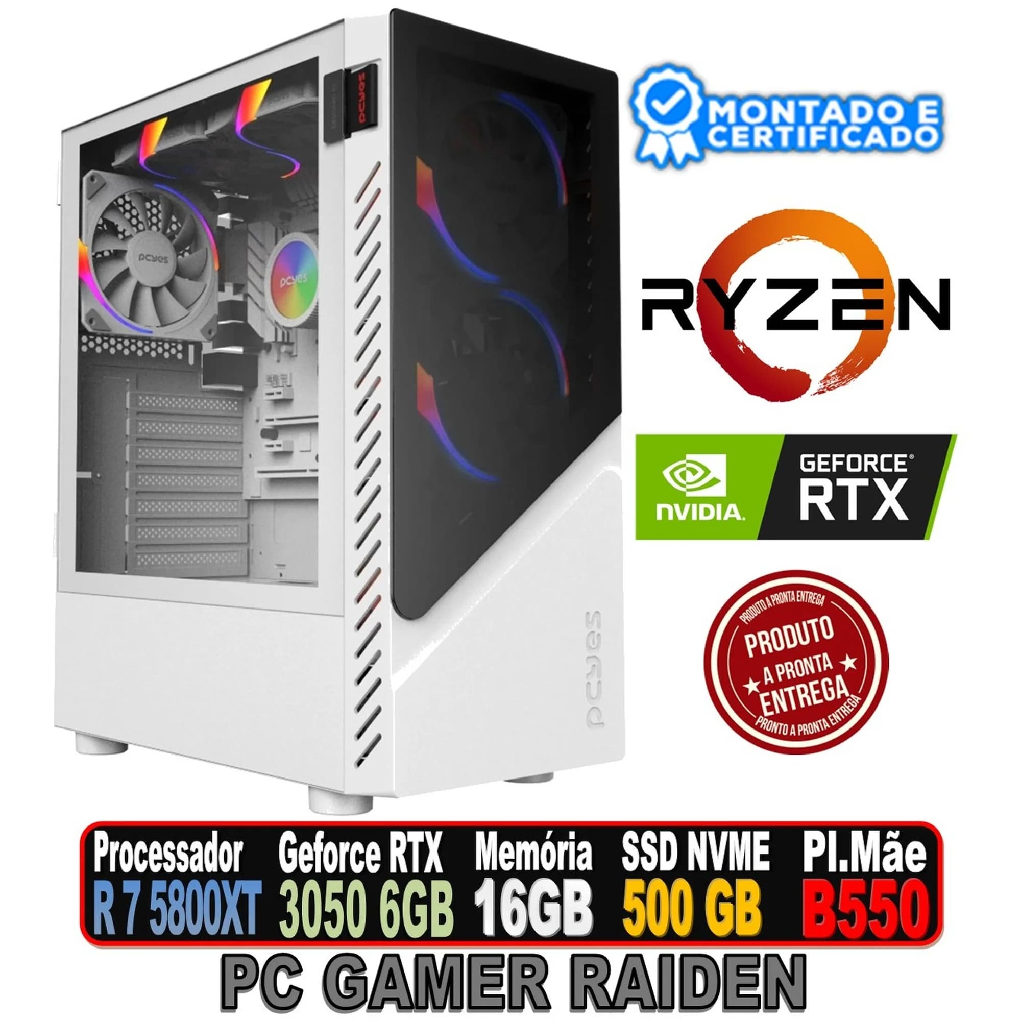 PC GAMER RAIDEN AMD RYZEN 7 5800X, RTX 3050 6GB WHITE, B550 BRANCA, 16GB DDR4, SSD 500GB, 500W, HALO2 212 , SET WHITE RGB, LORX 120MM RGB