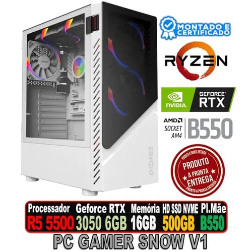 PC GAMER SNOW V1 RYZEN 5 5500,RTX 3050 6GB BRANCA RGB, 16GB XPG BRANCA RGB, B550Z 2X BRANCA, SSD 480GB, FONTE 500W, SET BRANCO RGB