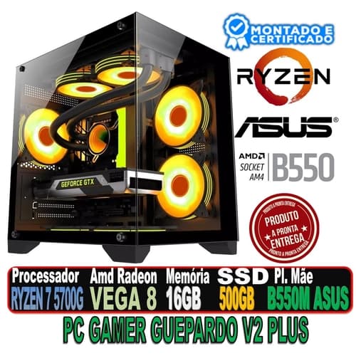 PC GAMER GUEPARDO V2 PLUS AMD RYZEN 7 5700G, VEGA 8 GRAPHICS, ASUS PRIME B550M-A AC, 16GB 3200MHZ, SSD 480GB, FONTE 600W, GABINETE AQUARIO BLACK