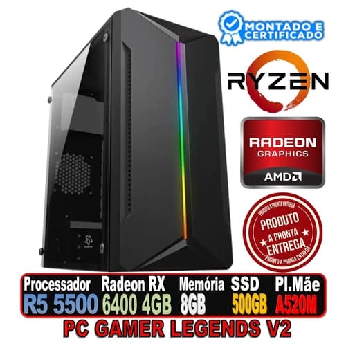 PC GAMER LEGENDS V2 AMD RYZEN 5 5500, AMD RADEON 6400 4GB, 8GB DDR4, SSD 500GB, FONTE 500W, R5 MANTIS RGB