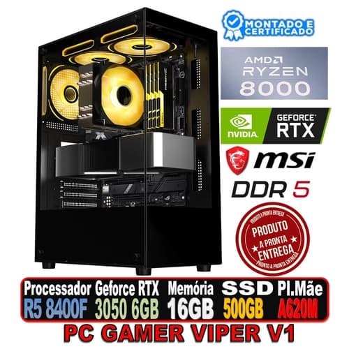 PC GAMER VIPER V1 RYZEN 5 8400F, RTX 3050 6GB, A620M MSI, 16GB DDR5, SSD 480GB, FONTE 500W, GB 1792 BLACK