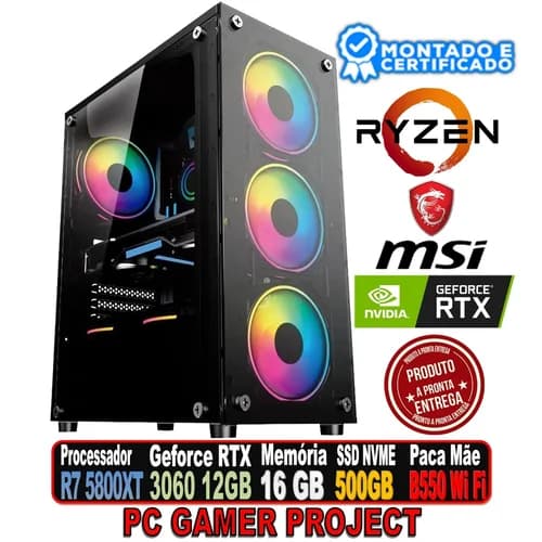 PC GAMER PROJECT AMD RYZEN 7 5800X, GEFORCE RTX 3060 12GB, B550 MSI WI FI, 16GB DDR4, SSD 500GB, FONTE 650W 80 PLUS, GB1749 RGB