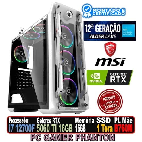 PC GAMER PHANTON INTEL I7 12700F, RTX 5060 TI 16GB, B760 MSI, 16GB DDR4, SSD 1 TERA, FONTE 750W 80 PLUS, OPTICAL BRANCO