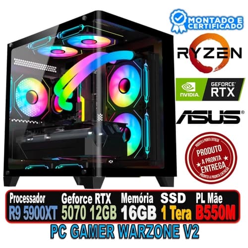 PC GAMER WARZONE V2 AMD RYZEN 9 5900XT, RTX 5070 12GB, 16GB 3200MHZ, B550M ASUS WI FI, SSD 1 TERA, FONTE 650W 80PLUS, GABINETE AQUARIO BK, AC ARGB
