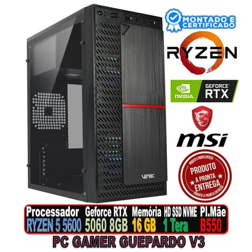 PC GAMER GUEPARDO V3 AMD RYZEN 7 5700, GEFORCE RTX 5060 8GB, B550 PRO, 16GB DDR4, SSD 1 TERA, FONTE 650W 80PLUS, VINIK PLATE