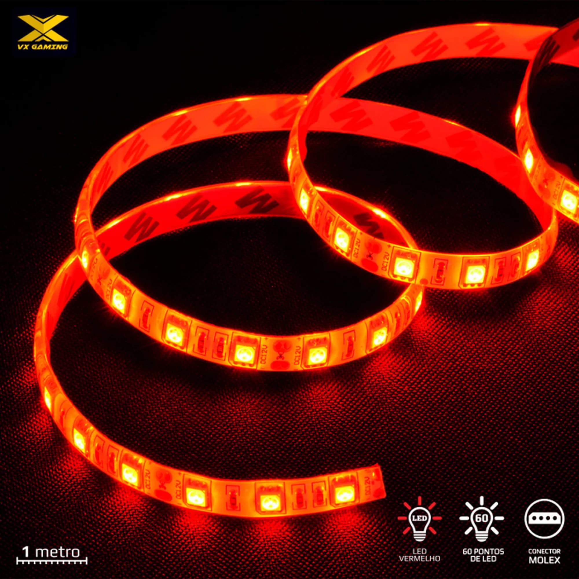 FITA DE LED VX GAMING VERMELHO COM CONEXÃO MOLEX 60 PONTOS DE LED 1 METRO - LVM1