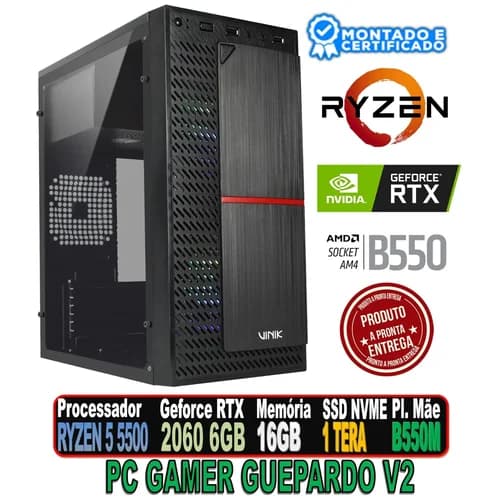 PC GAMER GUEPARDO V2 AMD RYZEN R5 5500, GEFORCE RTX 2060 PCYES 6GB, B550M, 16GB, SSD 500GB, 600W, PLATE BLACK