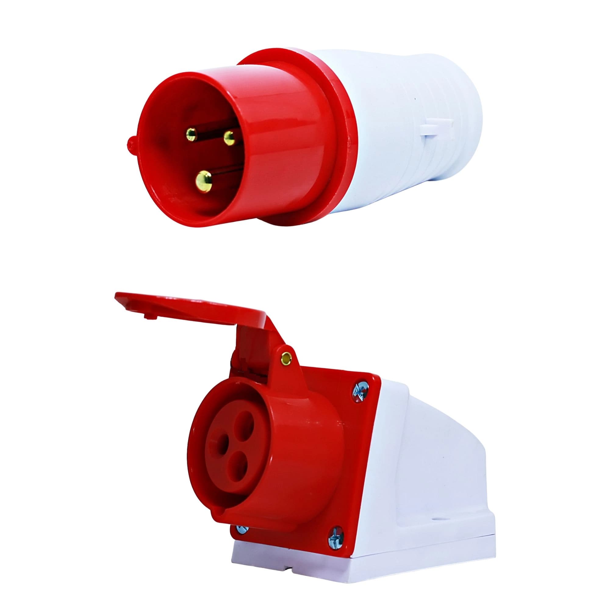 Conjunto Plugue + Tomada de Sobrepor 2P+T 16Amp. 380V Vermelho MGI-013-9/MGI-113-9