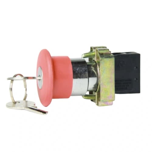 Botão de comando metálico destrava com chave 22mm vermelho, bloco de contato 1NF HB2-BS142